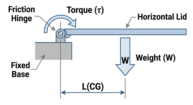 Technical diagram of a friction hinge on a horizontal lid showing Weight (W) and Length to Center of Gravity (L-CG) for torque calculation.